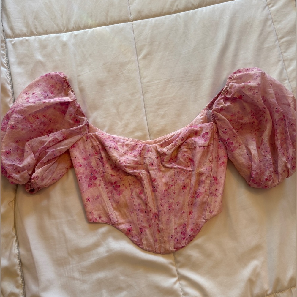 Bardot Pink Floral cropped corset with Puff Sleeves
